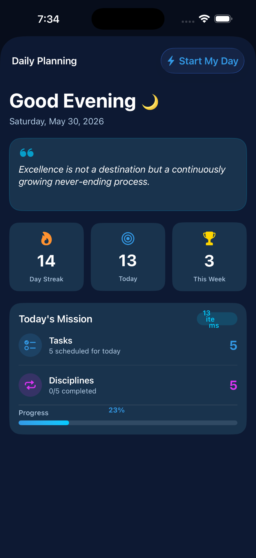 Arc Planner Daily Planning screen showing greeting, daily quote, streak stats, and today's mission.
