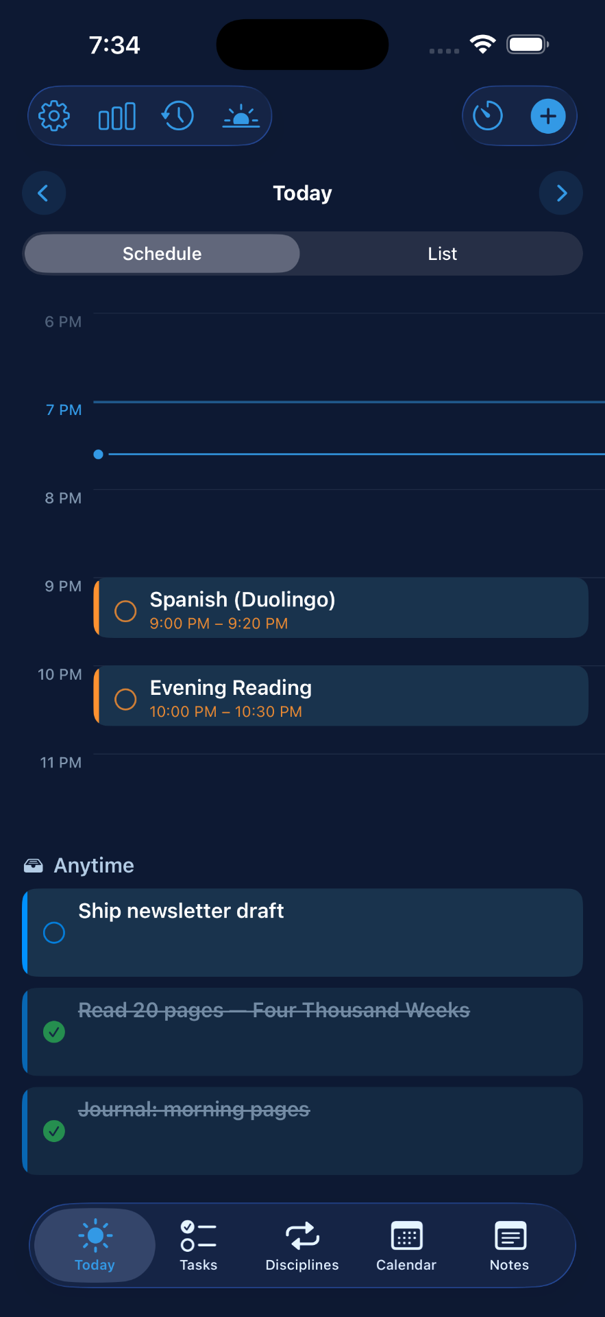 Arc Planner Today screen with a timeline of scheduled blocks and anytime tasks.