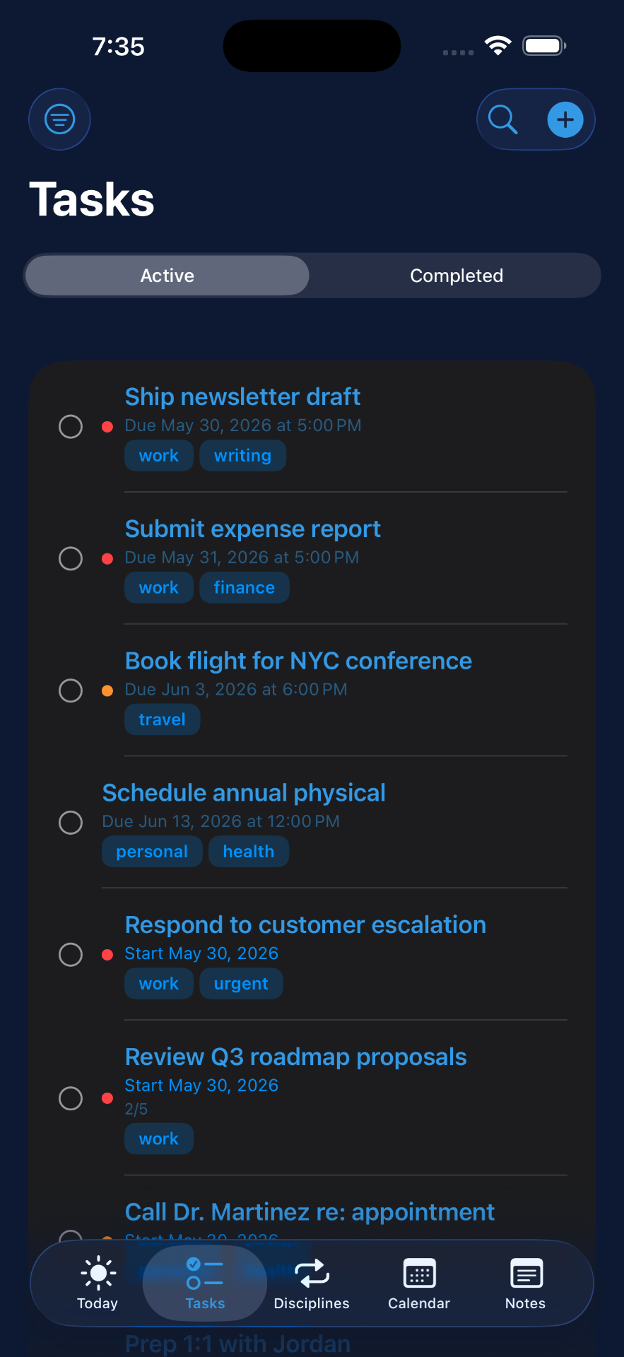 Arc Planner Tasks screen listing active tasks with tags, due dates, and priority indicators.