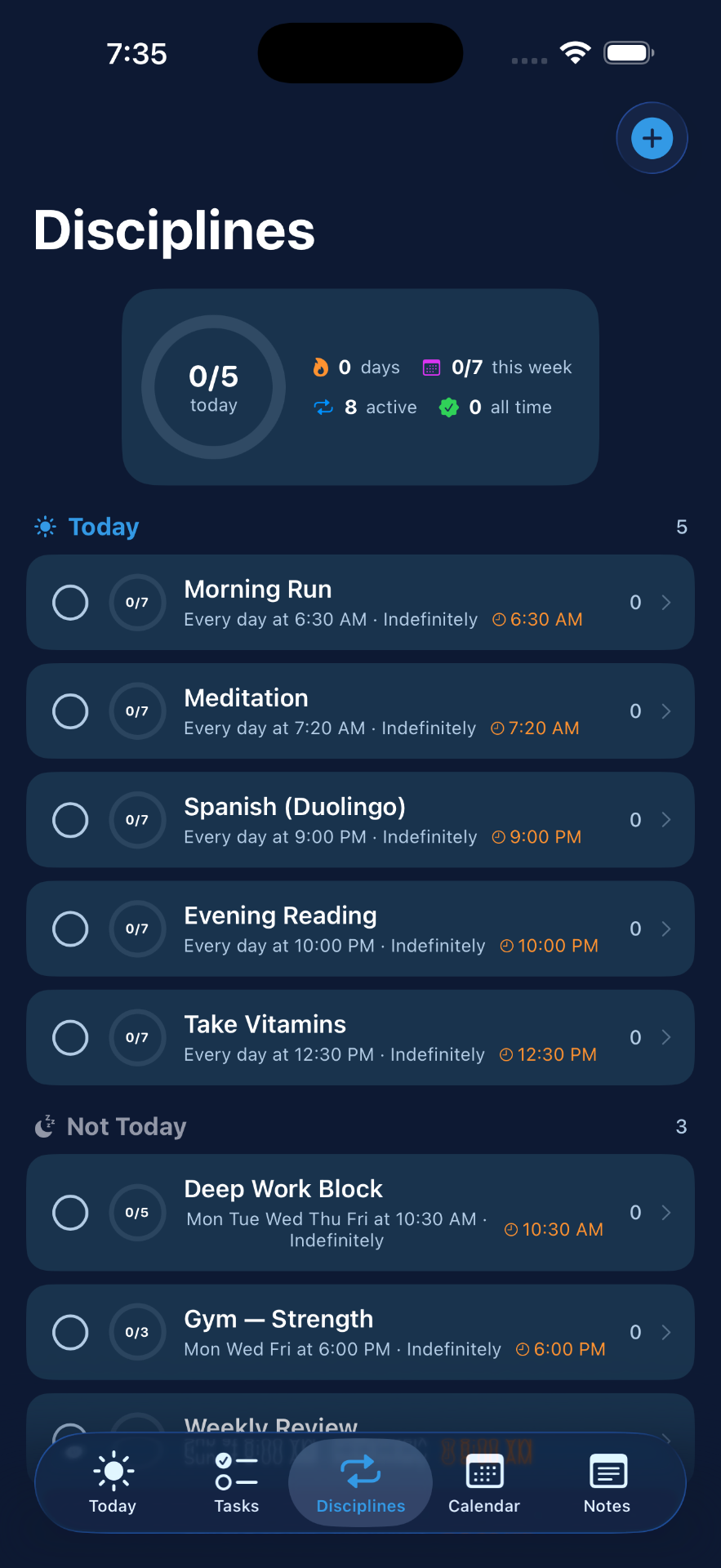 Arc Planner Disciplines screen showing daily and weekly habit tracking with streaks.