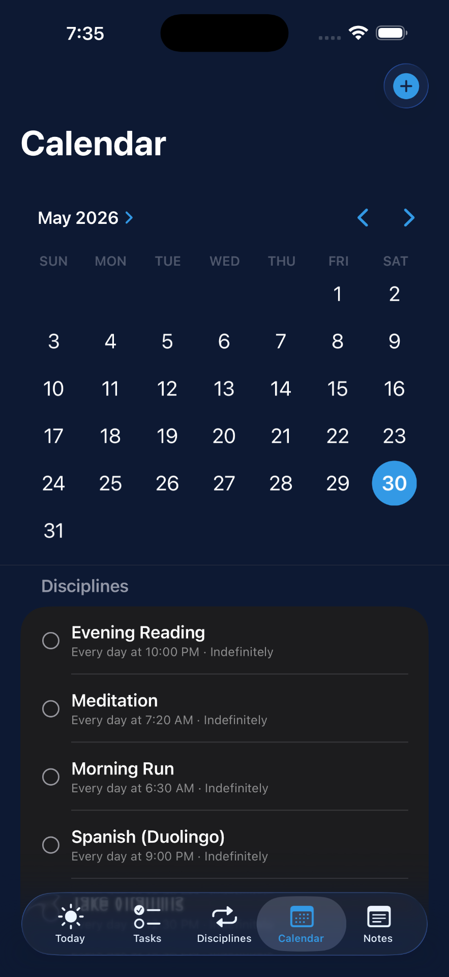 Arc Planner Calendar screen with month grid and a list of recurring disciplines.