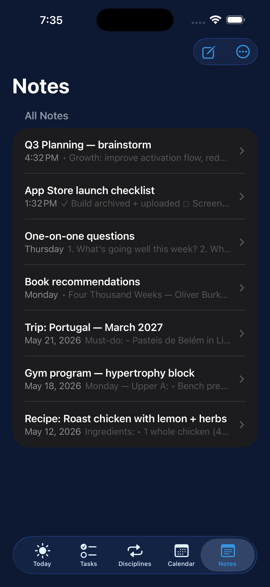 Arc Planner Notes screen showing a list of notes including planning, checklists, and recipes.